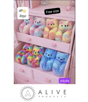 Plush, colorful teddy bear slippers